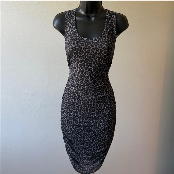 MICHAEL KORS Leopard Print Bodycon Mini Dress Ruched Stretch Sexy Night Out XS - Picture 5 of 15